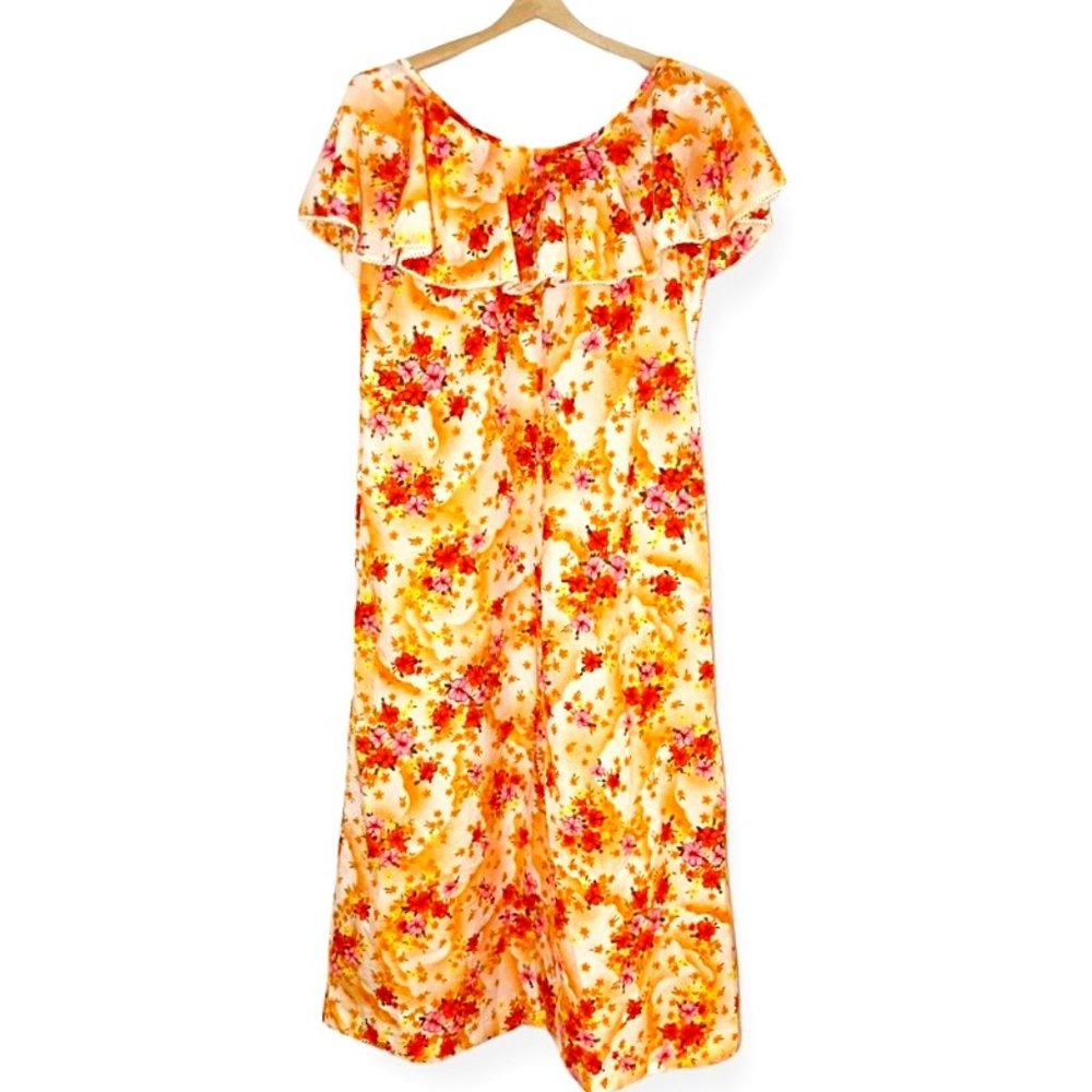Pomare Vintage Hawaiian 70s Floral Orange Maxi Dress